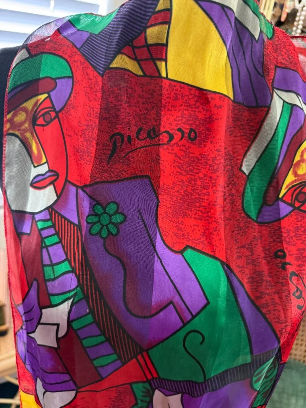 Vintage 80s/90s Picasso Style Cubist Art Oblong Abstract One Eyed Jack Scarf